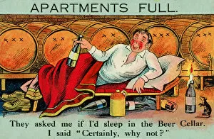 Enjoying Gallery: Man enjoying the opportunity to sleep in a beer cellar (chromolitho)