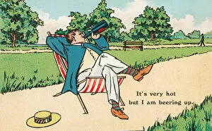 Enjoying Collection: Man relaxing in a deck chair and drinking a bottle of beer on a hot summers day (chromolitho)