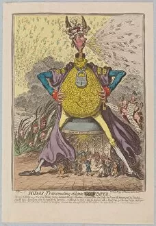 Towering Gallery: Midas, Transmuting all into [Gold] Paper, pub. 1797 (hand coloured engraving)