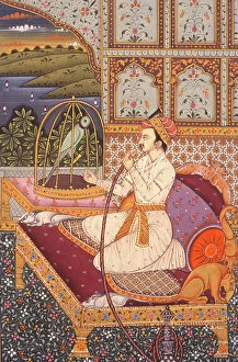Enjoying Collection: Miniature Painting of Mughal Prince Enjoying Hooka, India