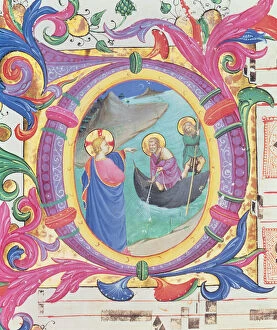 Missal 558 f. 9r Historiated initial O depicting the Miraculous Draught of