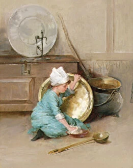 Platter Collection: Polishing Brass, c.1900 (oil on panel)