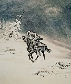 Pony Express Rider in the Sierra Nevada Mountains, 1862 (litho)