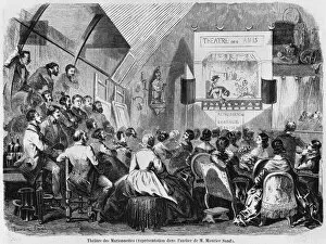 Enjoying Gallery: Puppet show in Maurice Sands studio, 1870 (engraving) (b / w photo)