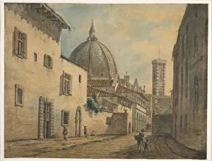 A Street in Florence with the Duomo and Campanile in the Background (w / c with pen