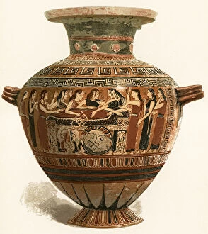 Thetis and the Nereids mourning Achilles, Corinthian black-figure hydria, 560-550 BC (illustration)