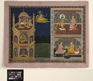 Garuda Collection: Vishnu approaches a golden tower on Garuda, c. 1825 (opaque w / c and gold on paper)