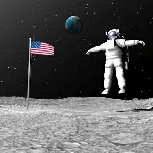 Moonwalk Collection: First astronaut on the moon floating next to American flag