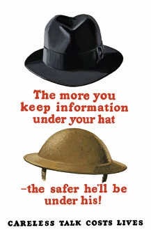 Fashion Gallery: Vintage World War II poster featuring a fedora and an Army helmet