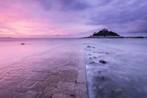 Cobble Collection: St Michaels Mount and old causeway at sunrise, Marazion, Cornwall, UK. October 2015