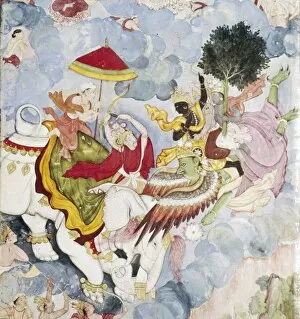 Garuda Collection: Krishna, (on Bird-God, Garuda) fights Indra (on elephant), Harivamsa manuscript, c1590