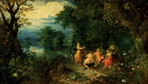 Men And Women Collection: A landscape with wood; Diana offers a hare to a nymph; Silenus and Ceres in foreground, c1614