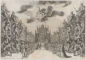 Triumphal Arch Collection: Magnificent Hall of Astrea; men and women gathered in the street to view a procession thro... 1678