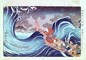 Towering Gallery: Nichiren Calming the Storm, 19th century. Artist: Utagawa Kuniyoshi