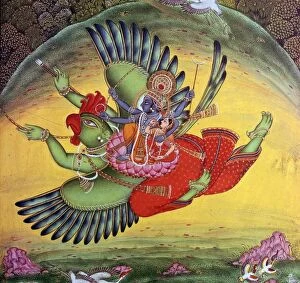 Garuda Collection: Painting of Vishnu and his consort Lakshmi riding on the bird-god Garuda