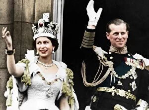 Balcony Gallery: Queen Elizabeth II and the Duke of Edinburgh on their coronation day, Buckingham Palace, 1953
