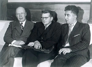 Seated Gallery: Sergei Prokofiev, Dmitri Shostakovich and Aram Khachaturian, Russian composers, 1945