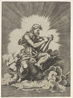 Seated Gallery: St. John, seated and holding a writing instrument to a tablet, an eagle with outstre