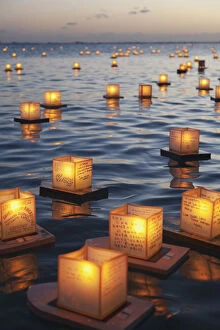 Candle Collection: Annual Lantern Floating Ceremony During Sunset At Ala Moana; Oahu, Hawaii, United States Of America