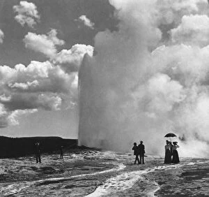 Adults Collection: Historic image in black and white of tourists at Old Faithful geyser, Yellowstone National Park
