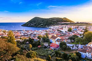 Tower Collection: Scenic view of Angra do Heroismo and Monte Brasil at sunset, Terceira, Azores