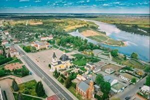 Dnieper Collection: Rechytsa, Belarus. Aerial View Of Residential Houses, River Dnieper And Holy Assumption Cathedral